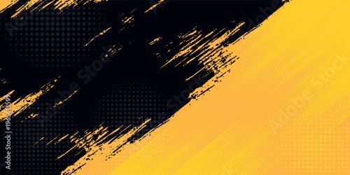 Black and yellow abstract background with brush stroke and halftone style. abstract grunge