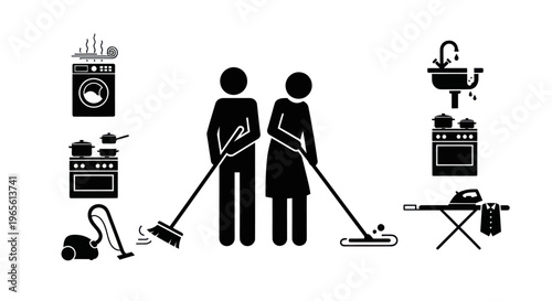 Black and White Icons of a Couple Doing Housework, Cleaning Tools and Appliances