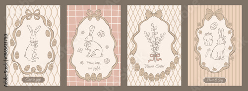 Set vertical cards for Happy Easter in whimsical sketch style. Cute hand drawn festive elements and frames. Templates for poster, invitation, cover, background.