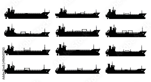 Set of 12 Black Silhouette Landing Ships or Cargo Vessels on White
