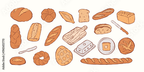 Hand drawn colorful sketch of various shapes of breads and kitchenware set. Flat vector elements for bakery logos, packaging, culinary blogs and recipe illustrations.