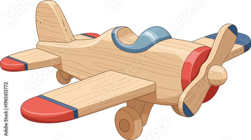 A wooden toy airplane with red and blue accents sits on a white background.