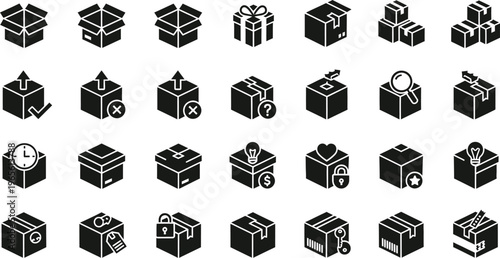 Delivery and packaging box icon set for shipping, logistics, and e-commerce services, e commerce, supply chain