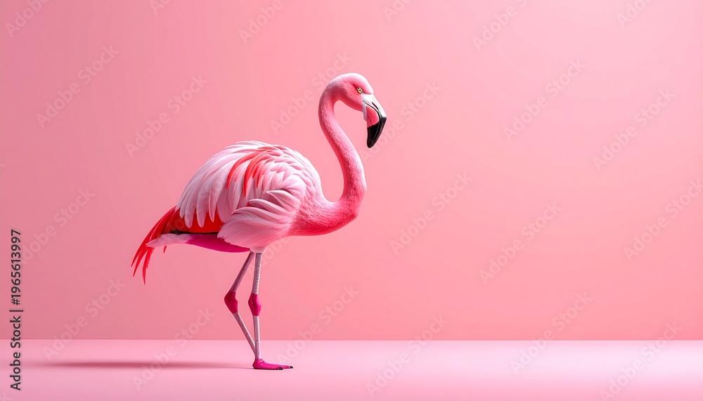 Fototapeta premium Elegant flamingo stands gracefully against a soft pink backdrop.