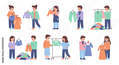 Flat Illustration of People Trying On Clothes and Shopping for Apparel