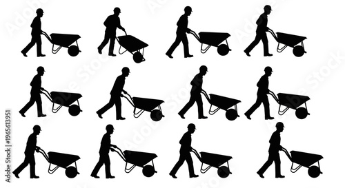 Black Silhouette of Man Pushing Wheelbarrow - Construction Labor