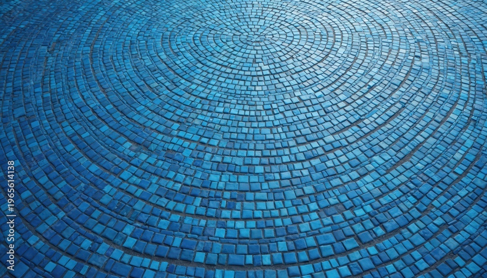 Fototapeta premium Blue mosaic pavement shows circular pattern. Small square tiles form concentric rings, creating a textured floor surface. Geometric design alternates light and dark blue.