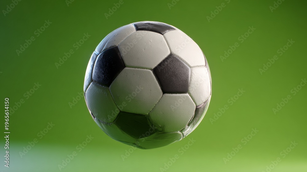 Naklejka premium Classic Soccer Ball in MidAir Against Blurred Green Background.