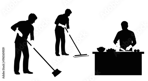 Black Silhouette of people cleaning and cooking, vector illustration