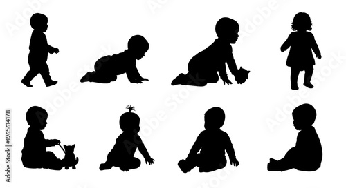 Black and White Silhouette of Babies in Various Poses and Activities