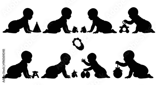 Silhouettes of babies playing with toys, flat black and white vector art