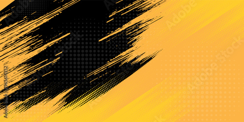 Black and yellow abstract background with brush stroke and halftone style. abstract grunge