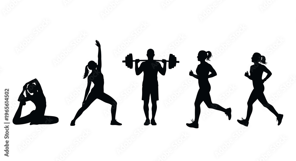 Fototapeta premium Fitness Silhouettes: Yoga, Weightlifting, Running, Workout Icons
