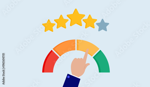 Hand indicating good performance review rating on gauge, employee rating assessment, star ratings for the candidate, quality scale or evaluation comparison framework,