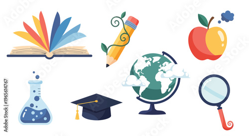Education Flat Icons: Book, Apple, Globe, Pencil, Flask, Cap, Magnifying Glass