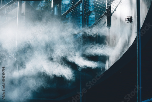 Water misting system releasing fine spray into the air, providing cooling and refreshment in an outdoor environment