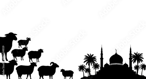Islamic Eid al-Adha illustration with sheep and mosque silhouette