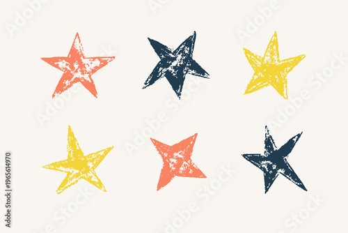 Color stars grunge texture hand drawn star set distressed abstract shapes. Earthy colorful palette elements for modern branding and design