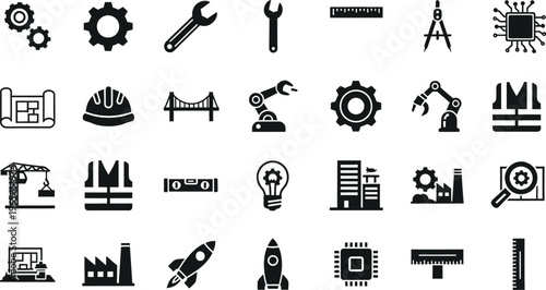 Industrial engineering icons: technology, construction, and mechanics symbols collection, light bulb
