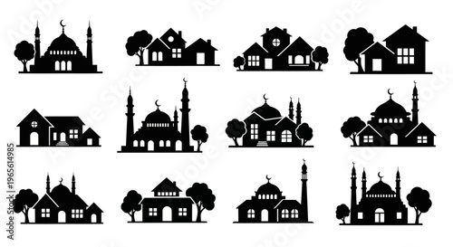 Islamic Architecture Silhouettes: Mosques and Houses, Vector Art