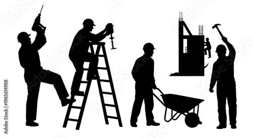 Construction workers silhouette, building, tools, ladder, wheelbarrow, hammer, drill
