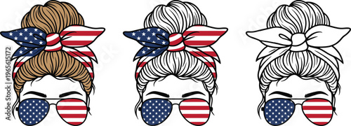 Vector illustrations of womens heads with patriotic accessories and sunglasses