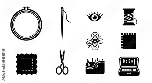 Sewing and Embroidery Icons: Hoop, Needle, Scissors, Fabric, Spool, Kit