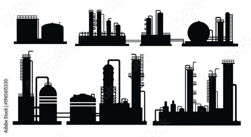 Black and White Silhouettes of Industrial Oil Refinery Plant Structures