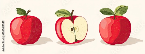 Illustration of three red apples, one halved, showing seeds and flesh, leaves and shadows