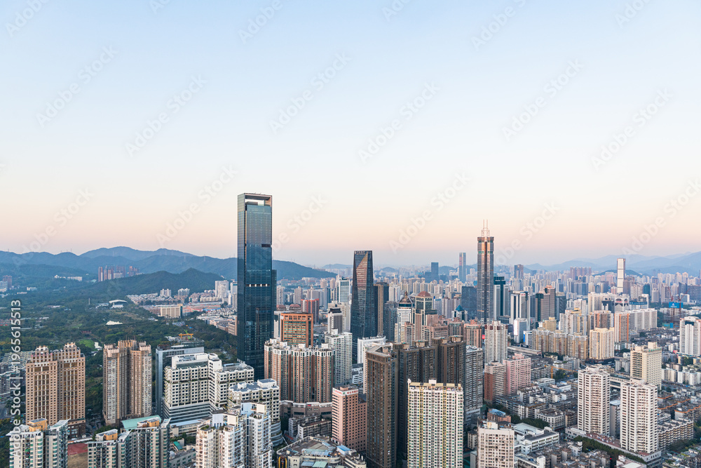 Fototapeta premium The skyline of Futian District, Shenzhen at dusk