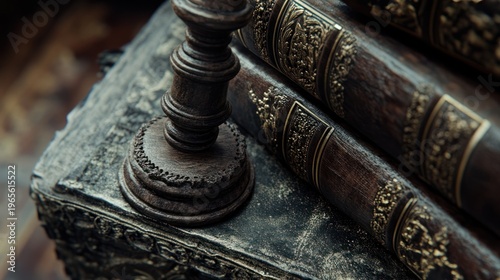 Close-up of antique books and candlestick on an ornate, carved table, vintage decor