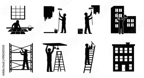 Construction workers in action: painting, scaffolding, tiling, and building maintenance