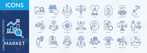 Market icon set vector illustration. Containing icon of trust, integrity, transparency and more. Line Blue icon symbol collection