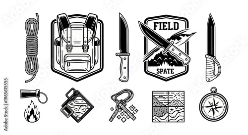 Black and White Vector Icons of Camping and Outdoor Gear
