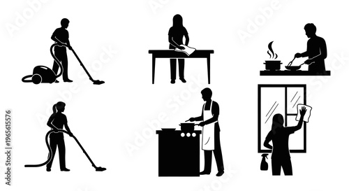 Black  White Silhouettes of People Doing Chores and Cooking