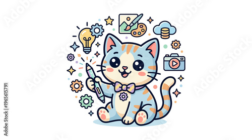 Cute Cartoon Cat Holding a Stylus Surrounded by Icons