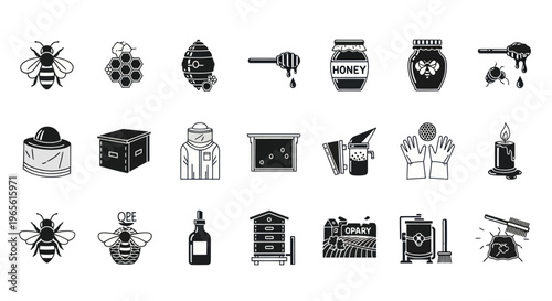 Black and White Icons of Beekeeping Tools and Products