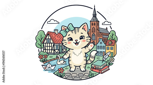 Cute Cartoon Cat in a European Town Scene