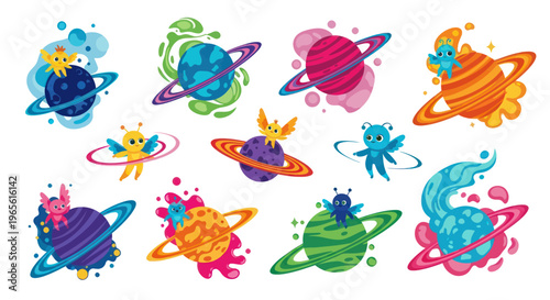 Cute Cartoon Aliens and Planets, Vector Space Illustration, Kids