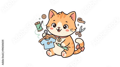 Cute Cartoon Cat with Clothing and Sewing Tools
