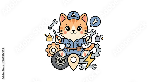 Cute Cartoon Cat Mechanic Surrounded By Tools
