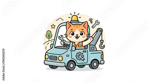 Cute Cartoon Cat Tow Truck Driver