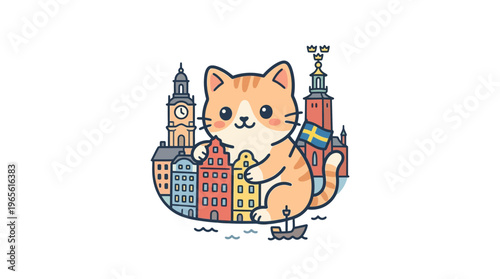 Cute Cartoon Cat Holding Colorful Buildings with Swedish Flag