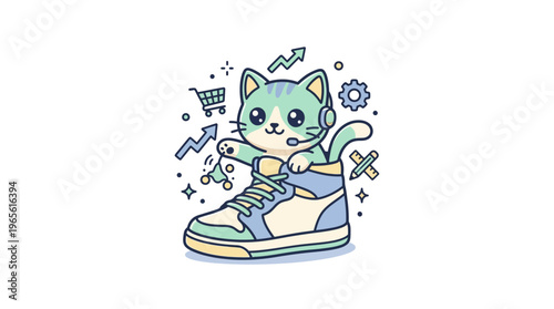 Cute Cartoon Cat Wearing Headset And Sitting in Sneaker