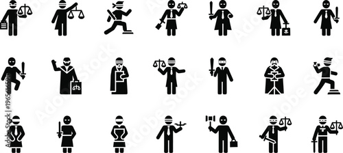 Law icons set: justice, legal profession figures, scales of justice, gavel, law book, legal system