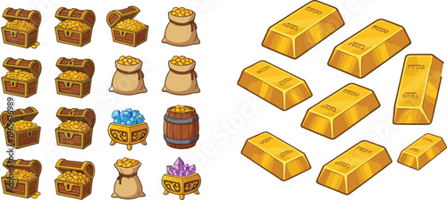 Gaming treasure set with gold coins in chests sacks and barrel plus polished gold bullion bars flat vector