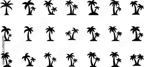 Palm trees silhouette icons: tropical island, beach vacation, summer vibes, palm tree