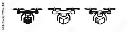 Drone delivery service icons set. UAV carrying package symbols in solid, outline and doodle style.