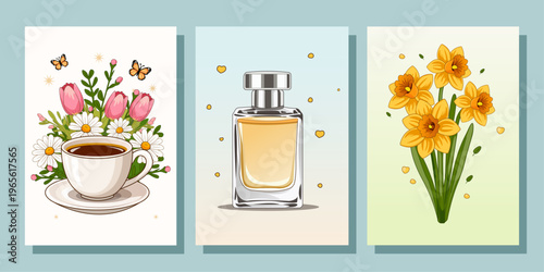 Illustration of colorful and spring greeting cards