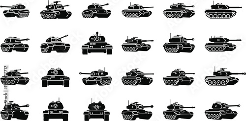 Military tank icons collection set. armored vehicle silhouettes vector illustration with war machine